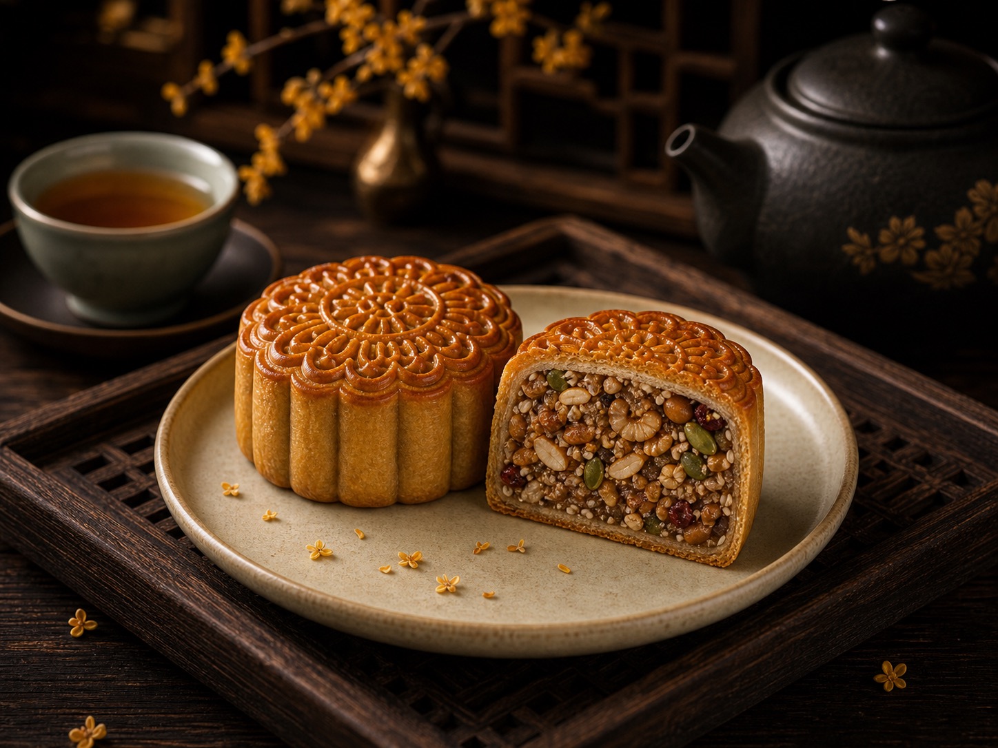 五仁月饼搭配清茶展示低糖不腻口感