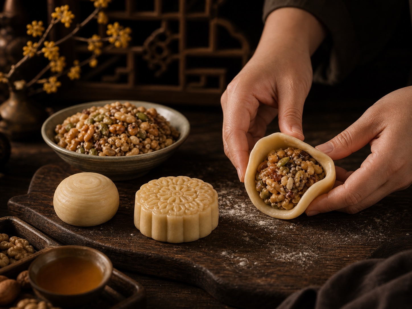 传统广式五仁月饼回油软皮与压模工艺展示